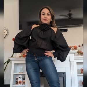 Elegant Black Women's Top with Floral Detail